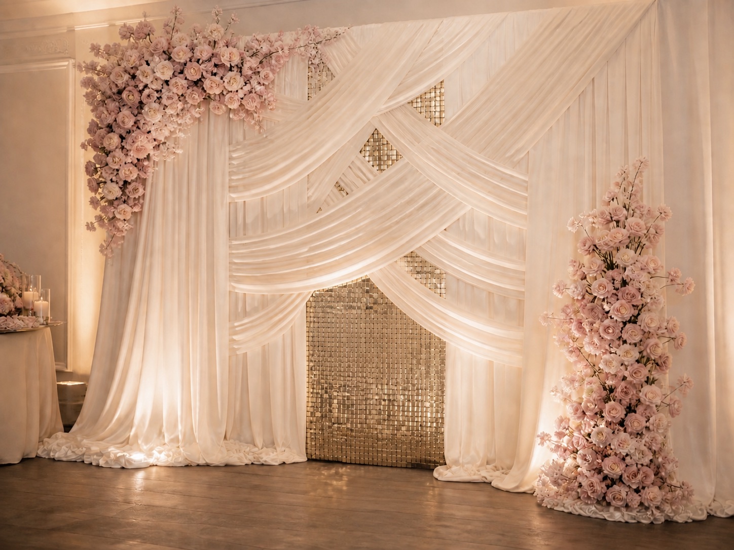 Toile de fond événementielle en drapé ivoire, champagne et fleurs roses
